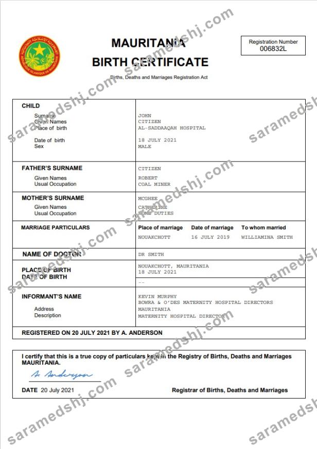 Mauritania birth certificate Word and PDF template